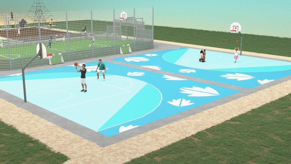 Espace sportif multizone en plein air conçu par Ludoparc avec équipements de fitness, stretching et terrains multisports, basé sur le design actif.