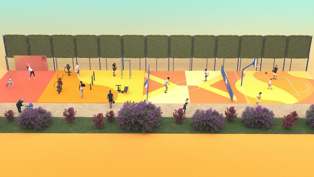 Terrain de basket extérieur Ludoparc, coloré et ouvert à tous les âges, incarnant les principes du design actif.