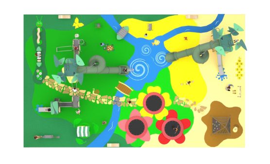 Jeu d'extérieur pour enfants vu du dessus avec structures en forme d'insectes, toboggans, trampolines en forme de fleurs, ruisseaux et espaces de sable.