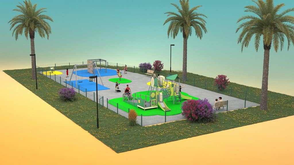 Rendu 3D projet aire de jeux enfants avec structures inclusives sur sol bleu vert