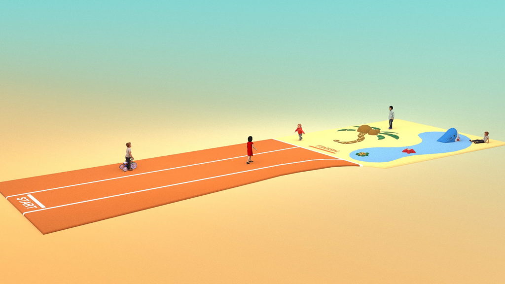 Rendu 3D projet design actif sur sol en EPDM avec piste athlétisme